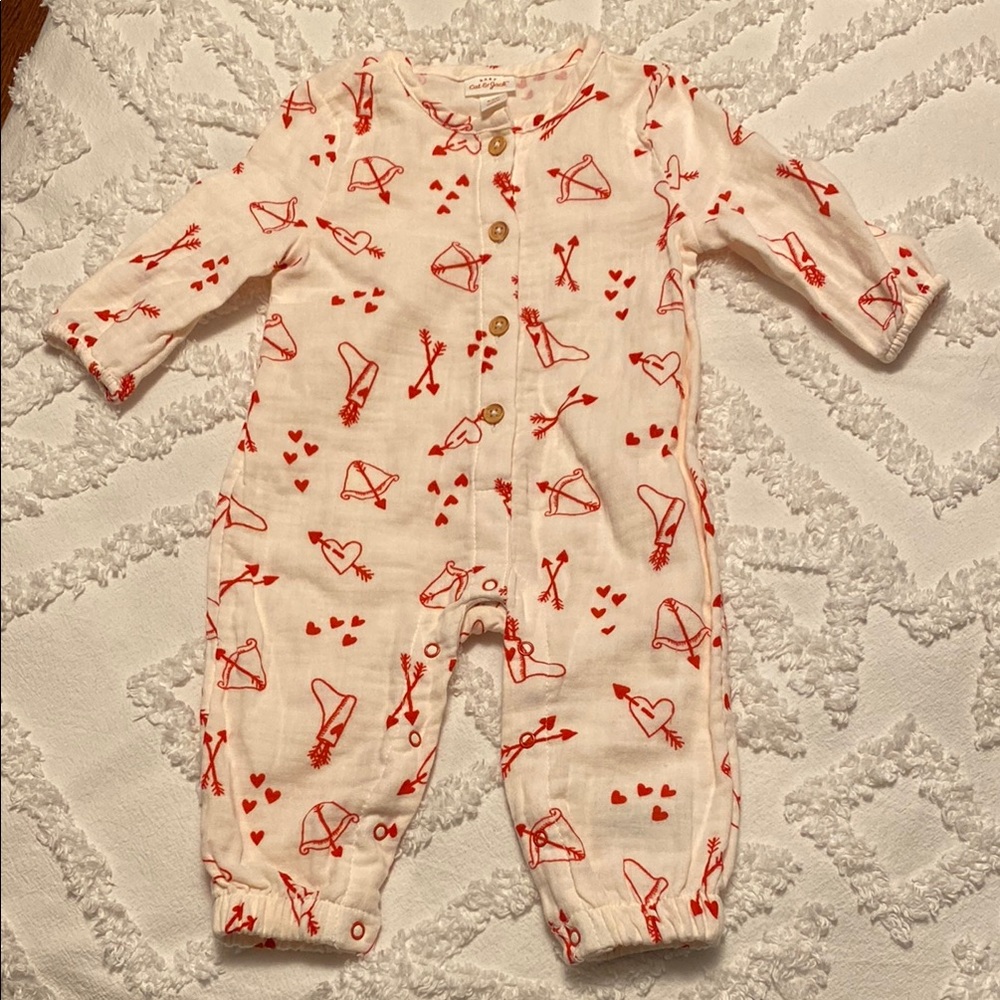 Cat and Jack Valentine romper. Size 3-6 months. Gauze-like material.
